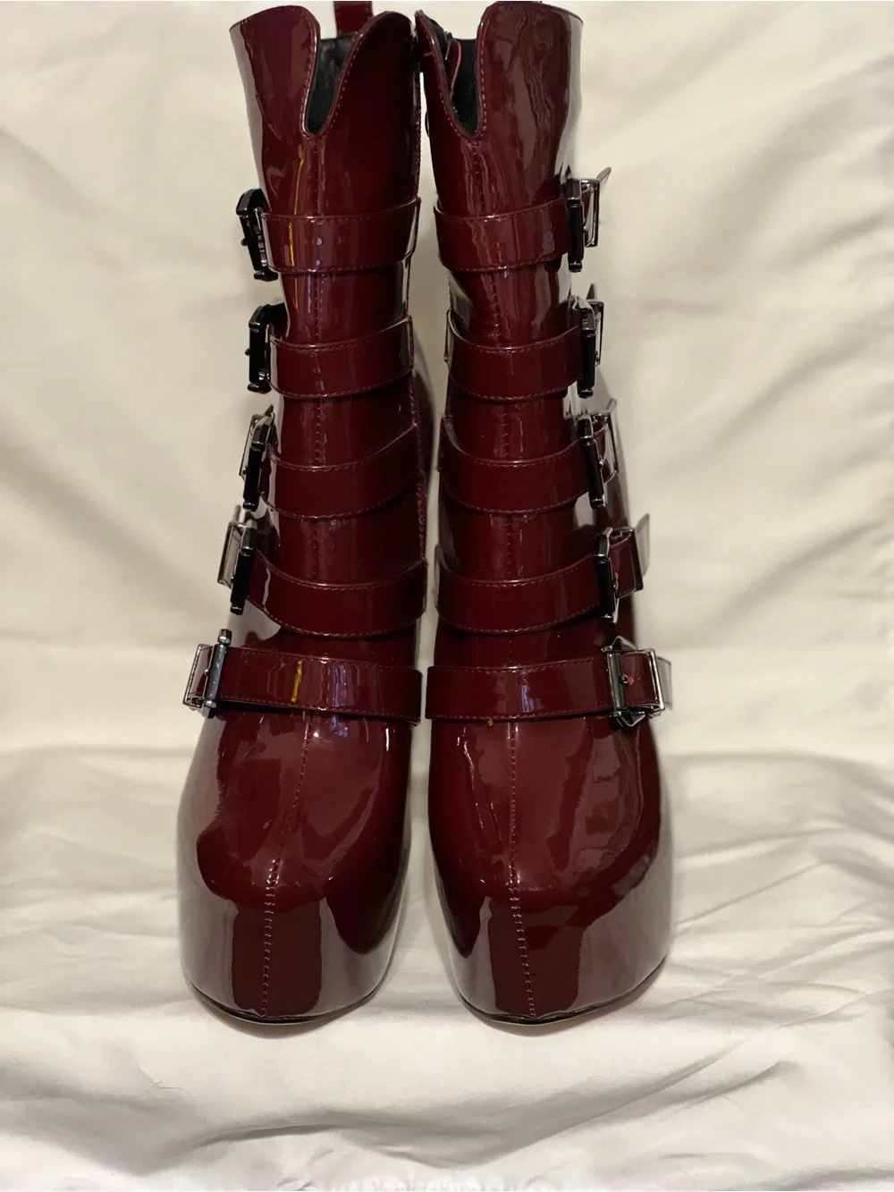 Women’s Burgundy Patent Platform Ankle Boots with Buckle Straps